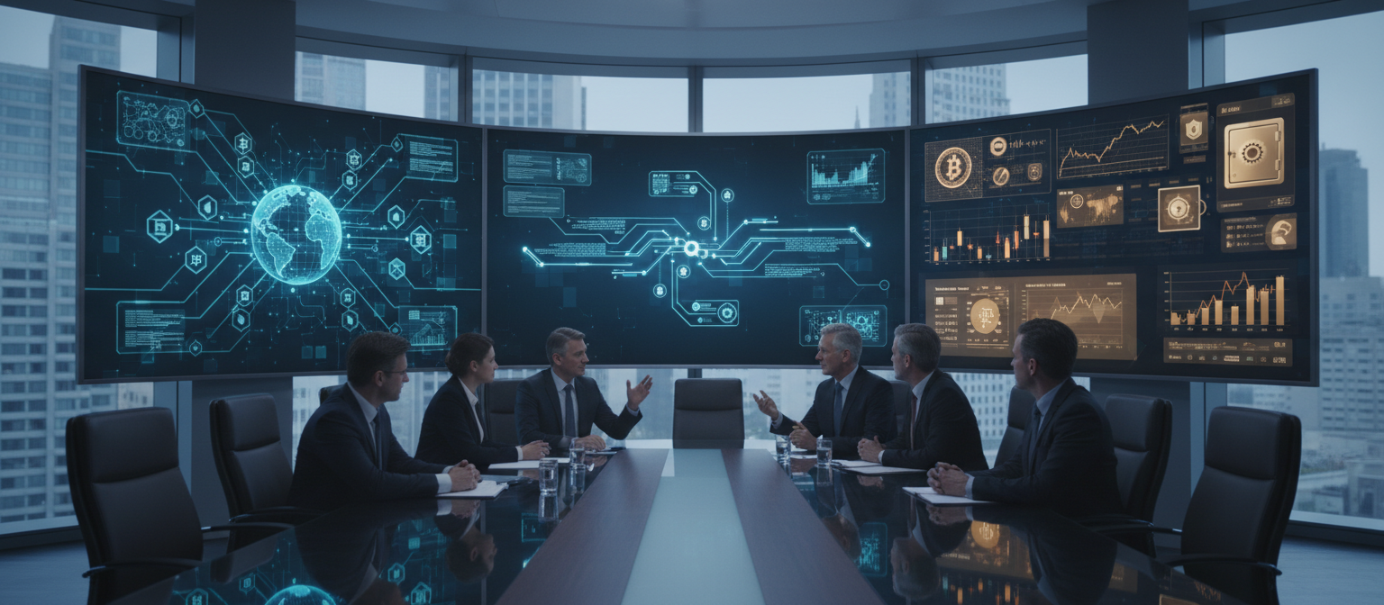 Bank executives meeting with cryptocurrency representatives in a modern conference room, with digital displays showing blockchain networks and traditional banking systems integrating