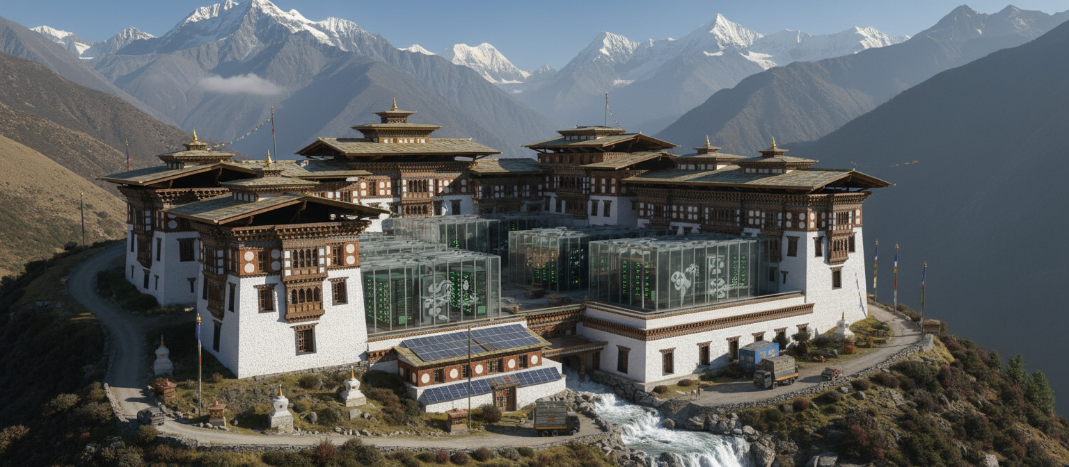 Modern cryptocurrency mining facility integrated with traditional Bhutanese architecture and surrounded by pristine mountain landscapes, showing the harmonious blend of technology and tradition