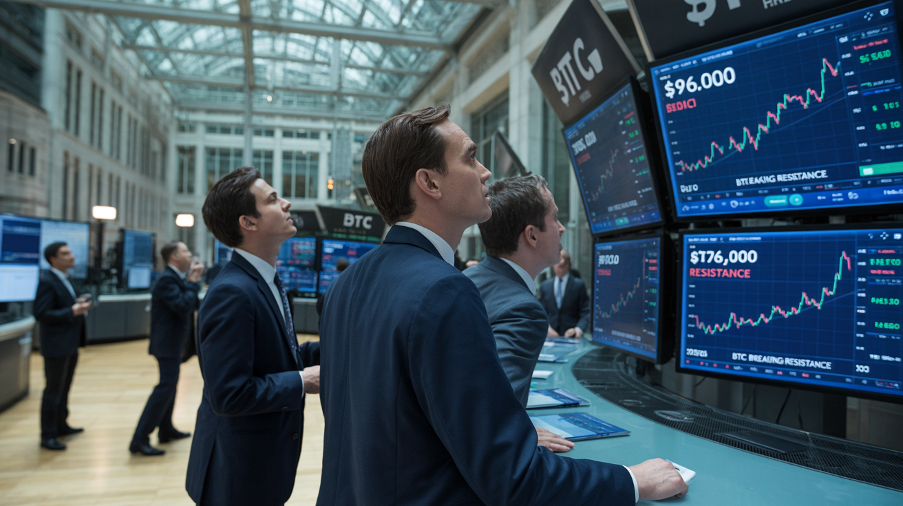 Wall Street trading floor with screens showing Bitcoin price charts climbing toward $100,000, traders monitoring live feeds of institutional order flow, digital displays showing BTC breaking through resistance levels with “96K” prominently displayed