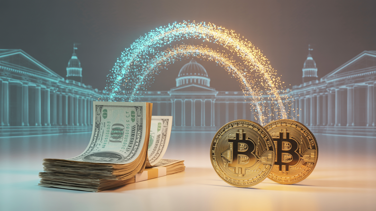 Conceptual visualization of investors moving capital from traditional government bonds and fiat currency into Bitcoin, represented by flowing digital streams of money transitioning from paper bills to golden Bitcoin symbols against backdrop of government buildings