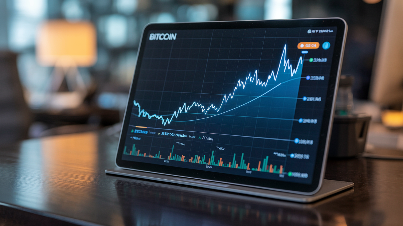 Digital display showing Bitcoin’s 2024 price journey from $42K to $104K peak with key milestones marked: ETF approval in January, halving in April, Trump election in November, and $100K breakthrough in December, ending at $93K
