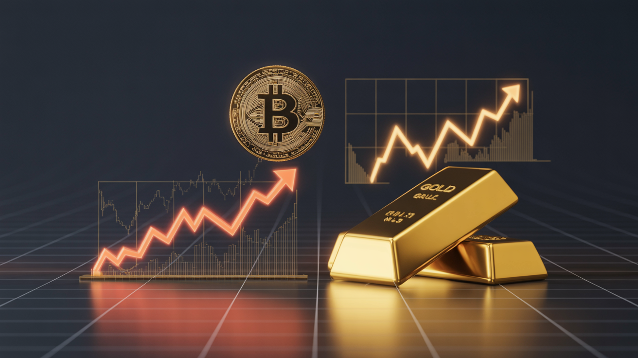 Infographic showing the side-by-side comparison of IBIT Bitcoin ETF ($58.2B AUM) and GLD Gold ETF ($60.3B AUM) with growth trajectories, institutional adoption metrics, and market penetration statistics