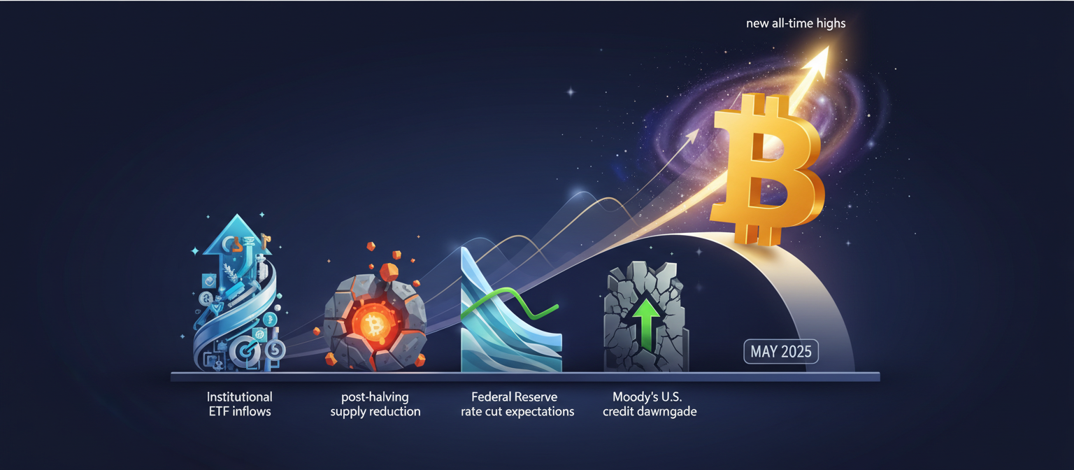 Infographic showing convergence of institutional ETF inflows, post-halving supply reduction, Federal Reserve rate cut expectations, and Moody’s U.S. credit downgrade as four pillars supporting Bitcoin’s rally to new all-time highs in May 2025