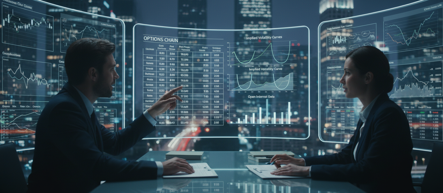 Options chain display showing IBIT call and put prices across different strike prices, with implied volatility curves and open interest data, traders analyzing Greeks and expiration dates on multiple screens