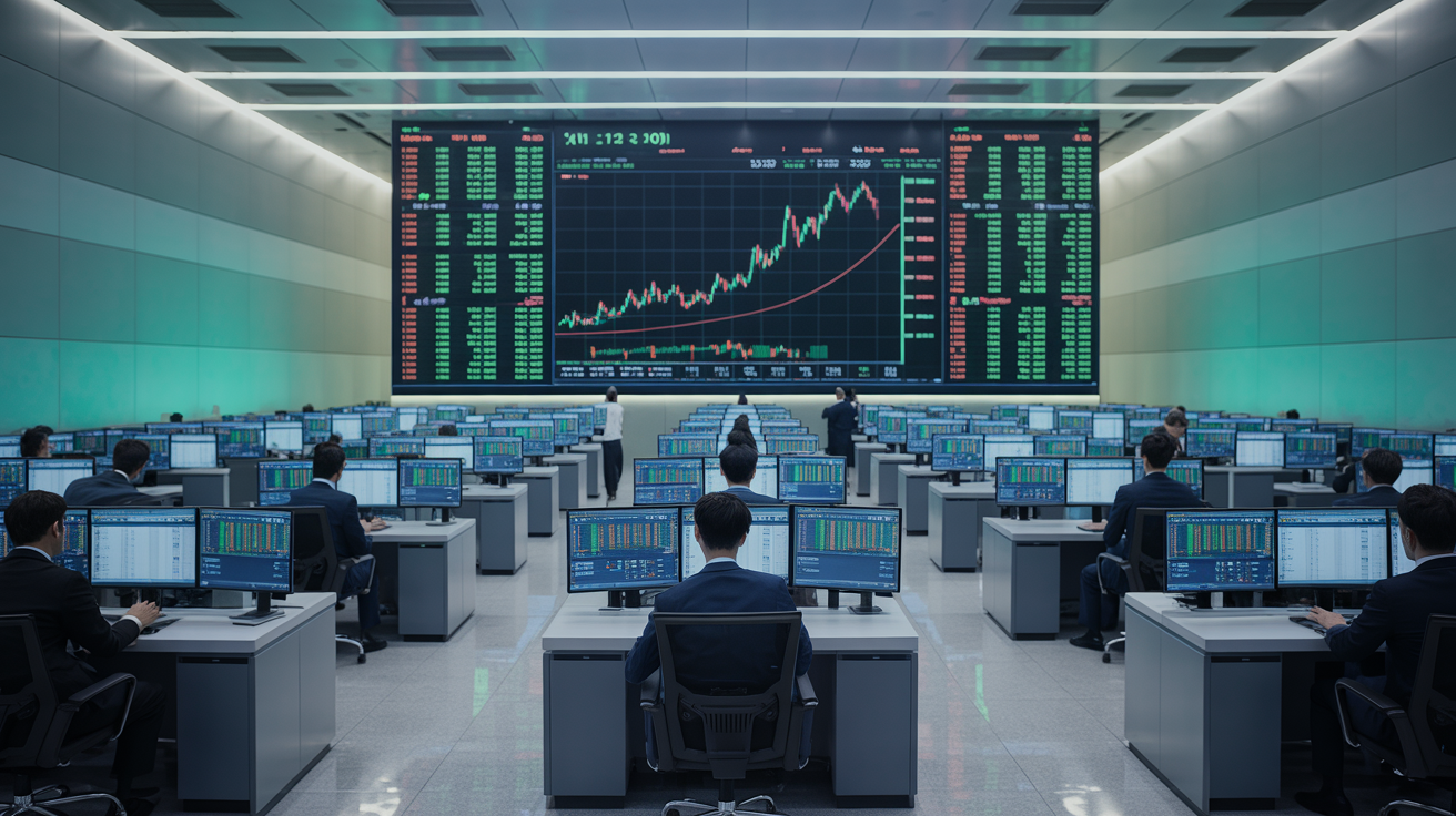 Modern financial trading floor with multiple screens displaying Bitcoin ETF ticker symbols, price charts showing upward momentum, and traders monitoring institutional order flow as green numbers flash across digital displays