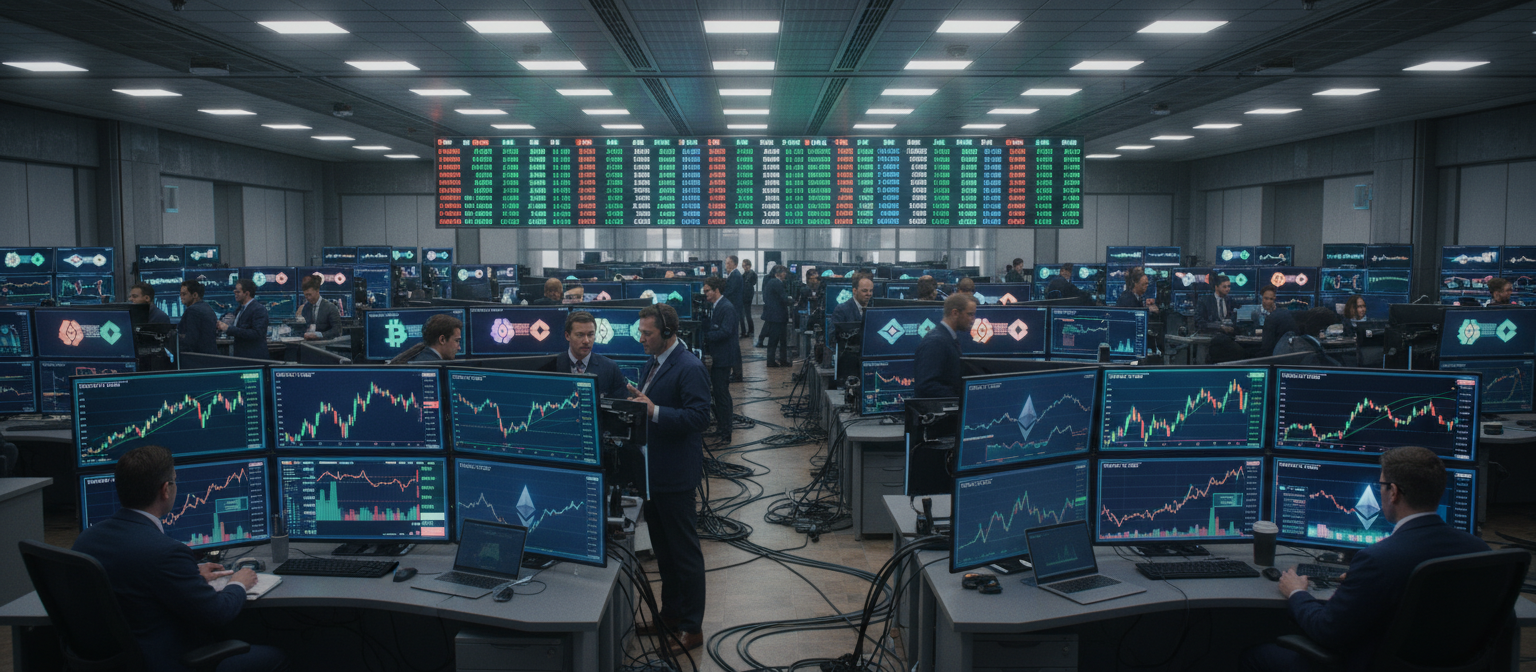 Professional financial trading floor with multiple monitors displaying cryptocurrency ETF charts, institutional traders analyzing Bitcoin and Ethereum price movements, digital screens showing real-time ETF inflow data and trading volumes