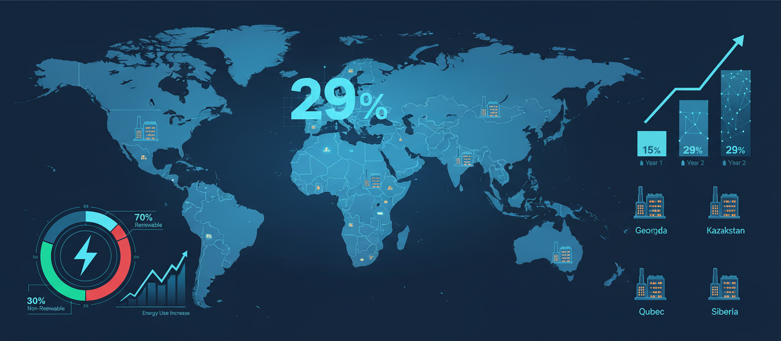 World map showing Bitcoin hashrate distribution by country with U.S. highlighted at 29%, chart showing year-over-year growth from 15% to 29%, institutional mining facility locations, energy consumption statistics