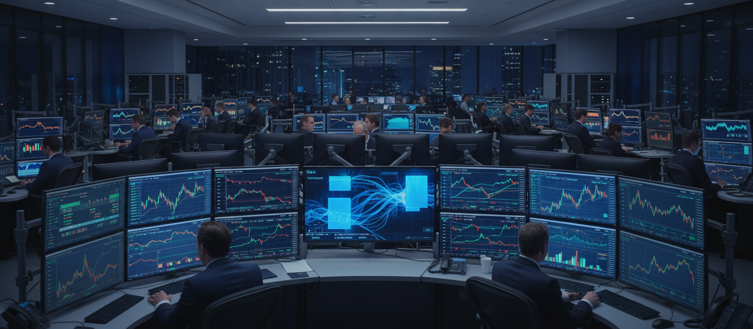 Professional trading floor with institutional traders analyzing Bitcoin charts, multiple screens displaying ETF performance data, order flow visualization showing institutional buy orders, and Federal Reserve economic indicators