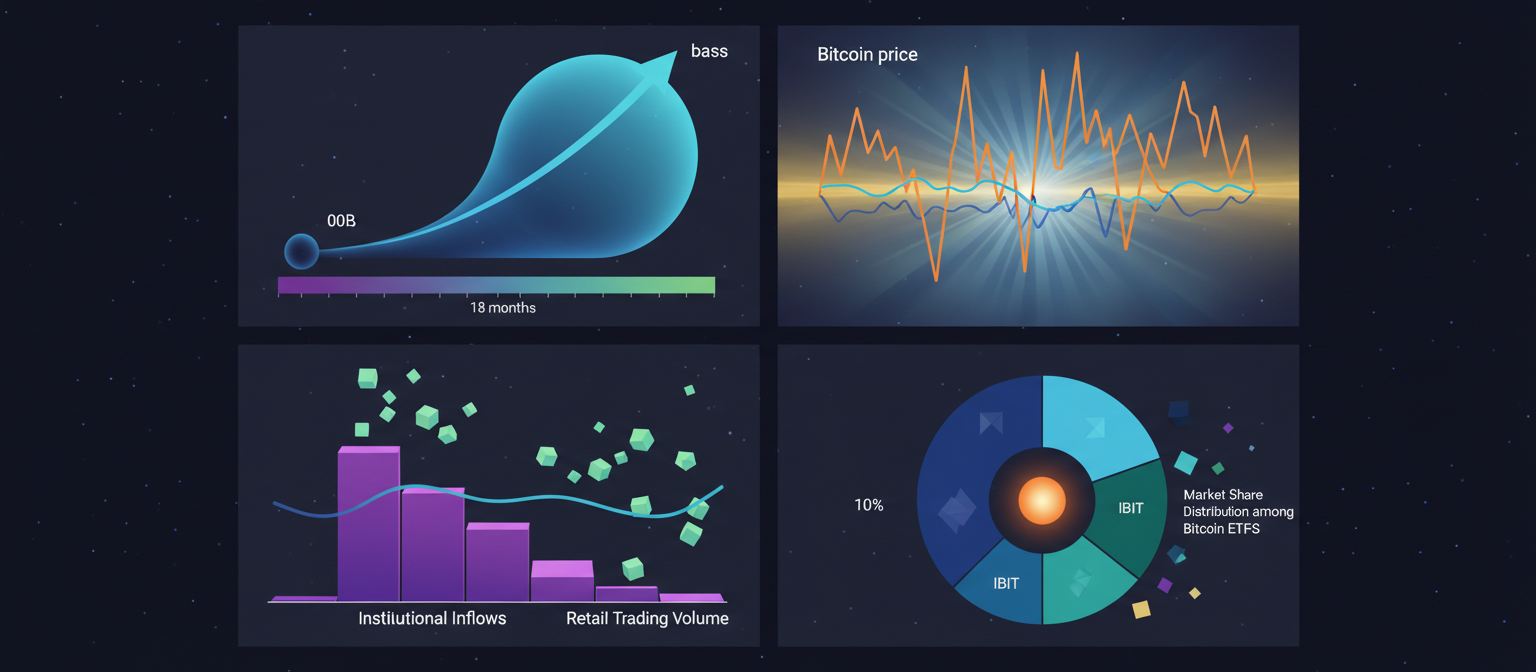 Split chart showing IBIT AUM growth from $0 to $100B over 18 months, Bitcoin price correlation, institutional inflows vs retail trading volume, market share distribution among Bitcoin ETFs