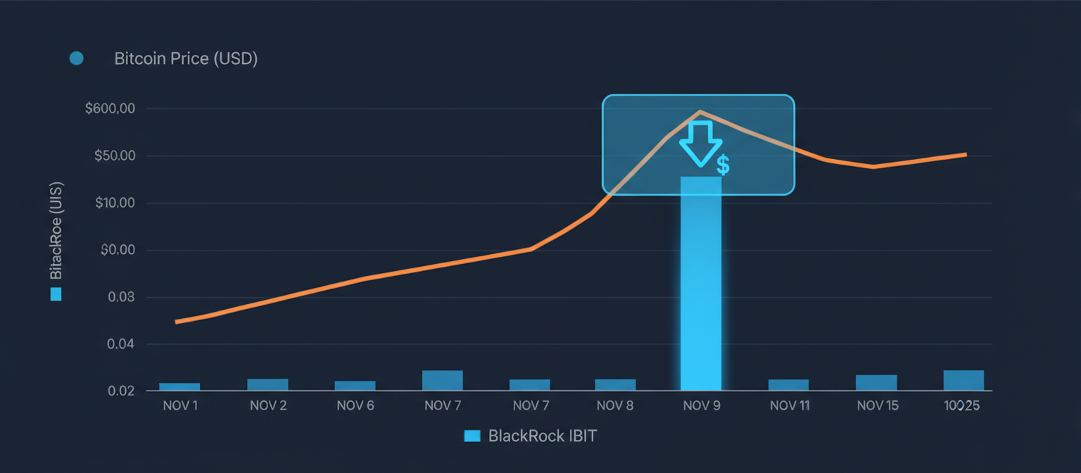 Chart showing BlackRock IBIT inflow pattern from November 1-15, 2024, with November 7 spike to $1.12 billion highlighted, Fed rate cut announcement box, and Bitcoin price movement correlation