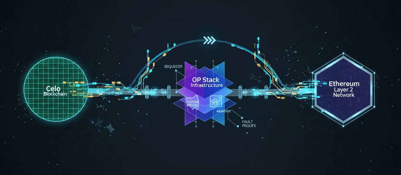 Network diagram showing Celo applications and services seamlessly operating on the new Ethereum Layer 2 infrastructure, with connections to Ethereum mainnet and other Layer 2 networks