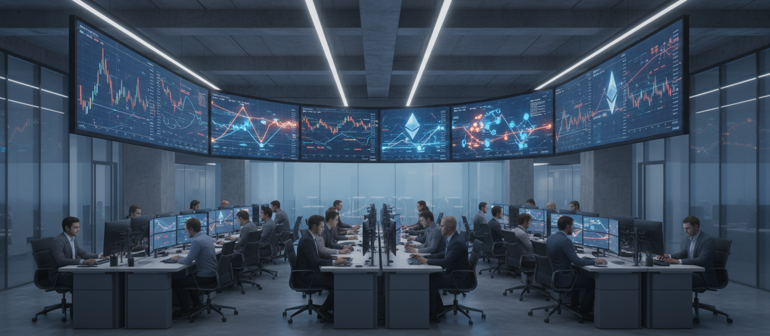 Modern trading floor with multiple rows of traders at desks, large screens displaying cryptocurrency futures data, Bitcoin and Ethereum price charts, institutional trading activity visualization