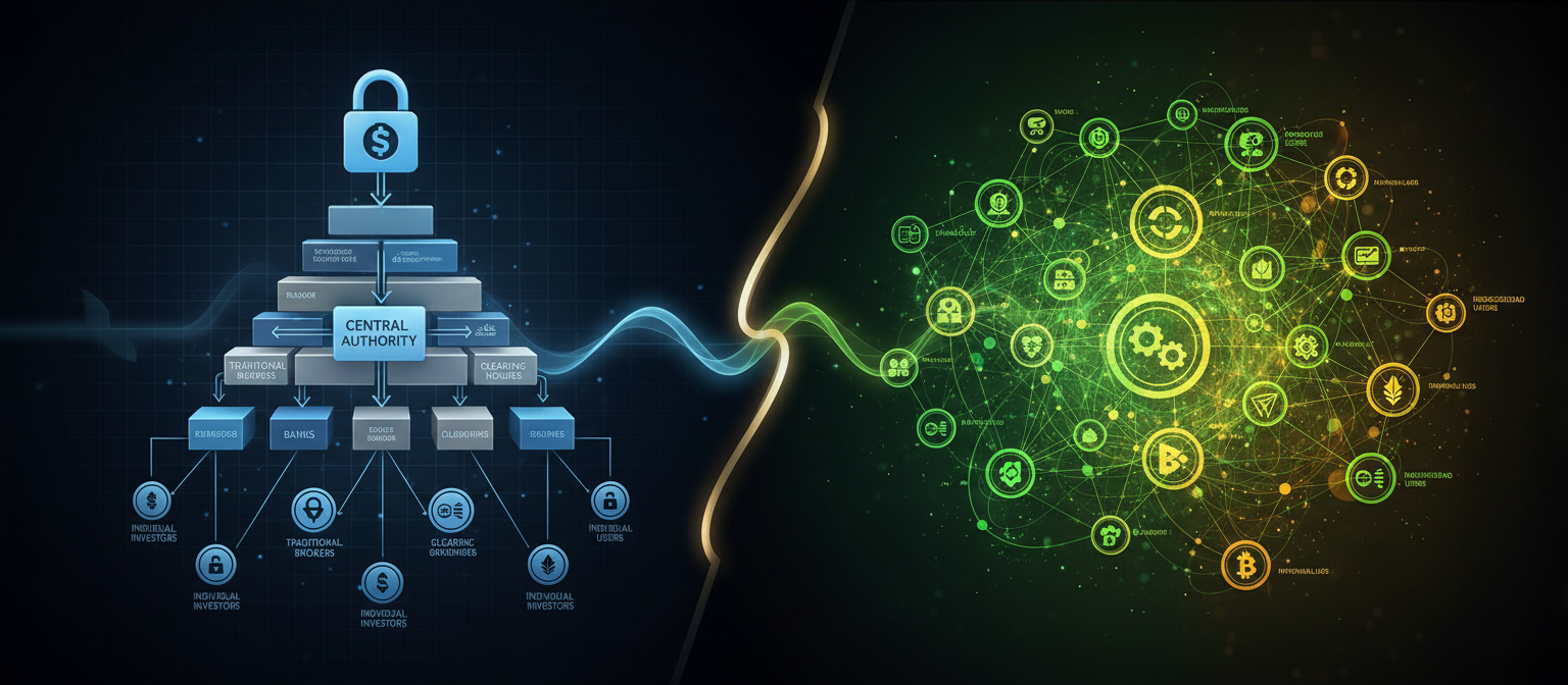 Split-screen comparison showing centralized vs. decentralized finance architecture, with traditional broker reporting structures on one side and permissionless DeFi protocols on the other