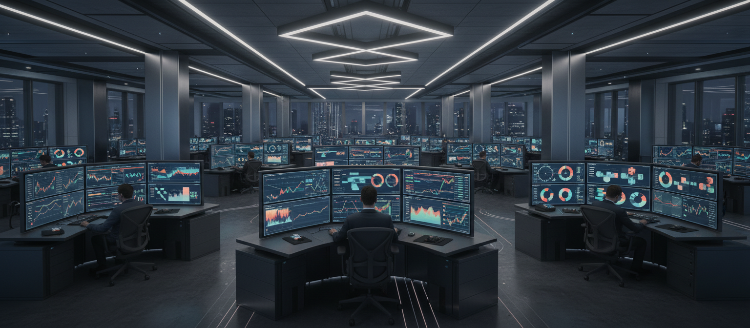Institutional trading floor with multiple screens displaying DeFi protocol dashboards, risk management analytics, and compliance monitoring systems designed for qualified institutional buyers accessing decentralized finance protocols