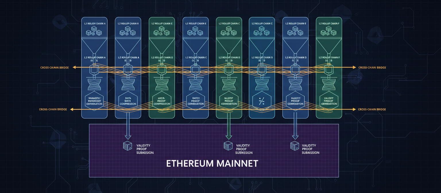 Technical diagram illustrating Layer 2 rollup architecture with transaction batching, data compression layer, validity proofs being submitted to Ethereum mainnet, and multiple L2 chains running in parallel with cross-chain bridges