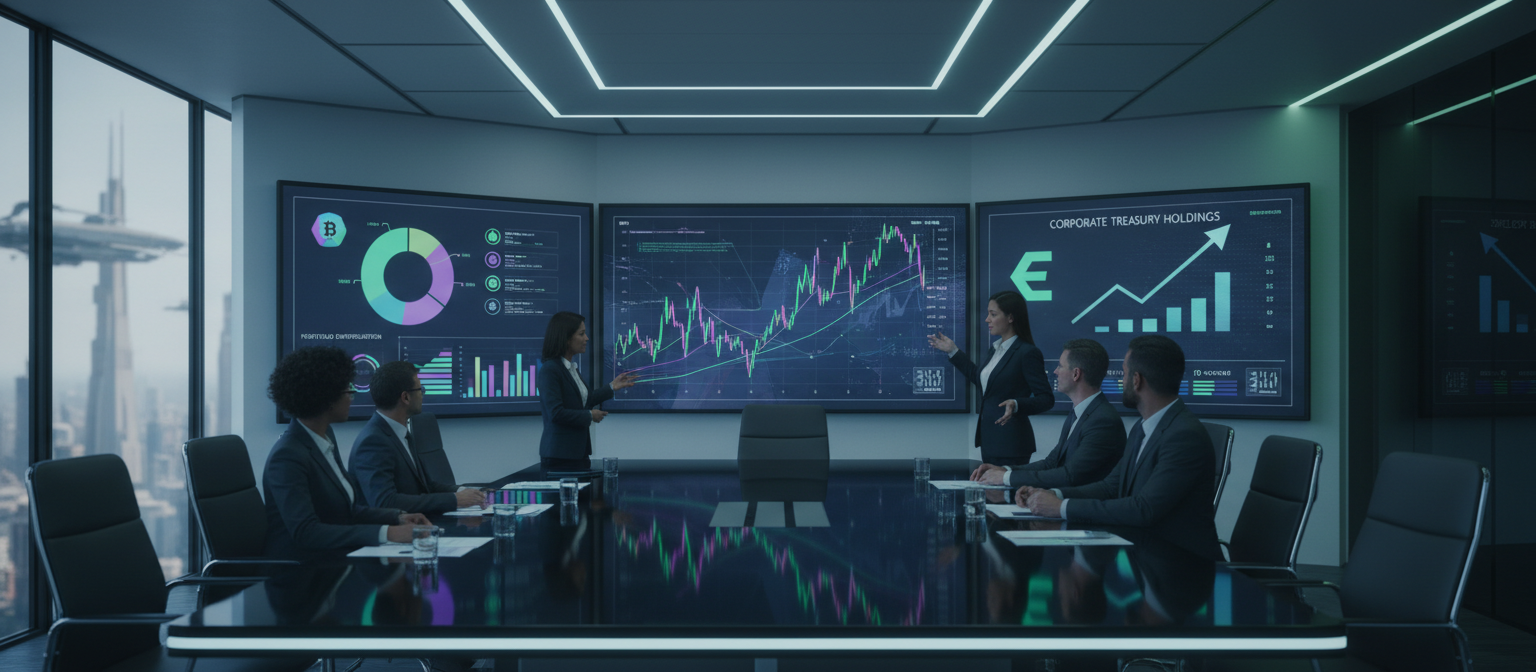 Modern corporate office boardroom with executives reviewing Ethereum allocation strategy on digital screens, cryptocurrency charts and corporate treasury management displays showing ETH holdings and portfolio diversification
