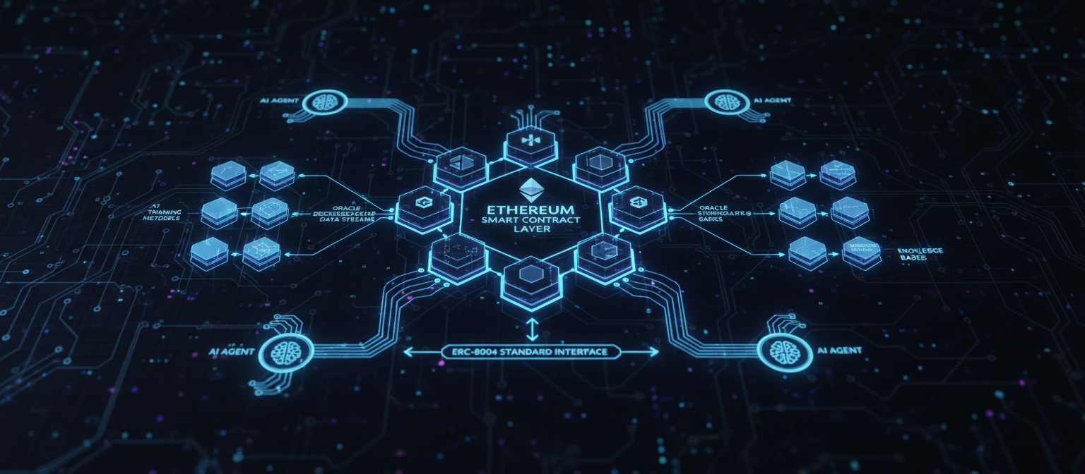 Technical diagram showing the ERC-8004 standard architecture and how AI agents interact with Ethereum’s smart contract layer