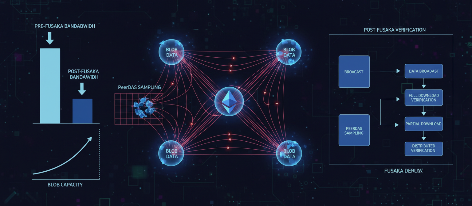 Technical diagram showing Ethereum validators processing blob data through PeerDAS sampling mechanism, with charts displaying reduced bandwidth requirements and increased blob capacity, comparison of pre and post-Fusaka data verification process