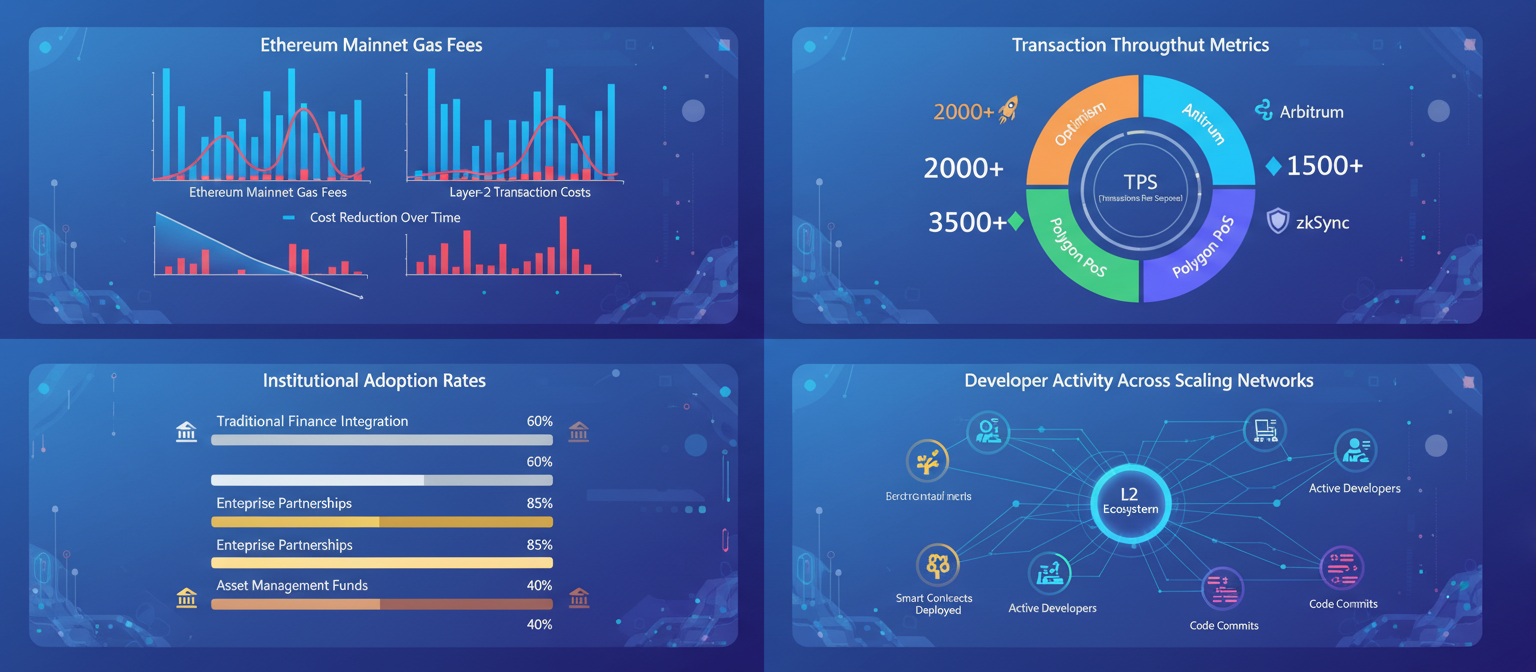 Comparison chart showing Ethereum mainnet gas fees versus Layer-2 transaction costs, transaction throughput metrics comparing different L2 solutions, institutional adoption rates, and developer activity across scaling networks