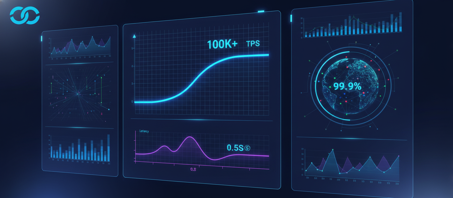 Performance dashboard showing real-time transaction processing metrics, with graphs displaying 100,000+ TPS throughput, sub-second latency, and network health indicators for DoubleZero testnet