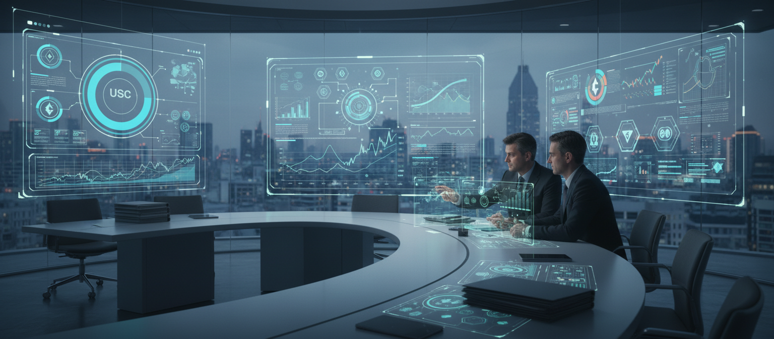 Split screen comparison showing Tether USDT being removed from exchange interfaces while Circle USDC remains prominently featured, with trading volume graphs showing market share redistribution between stablecoins