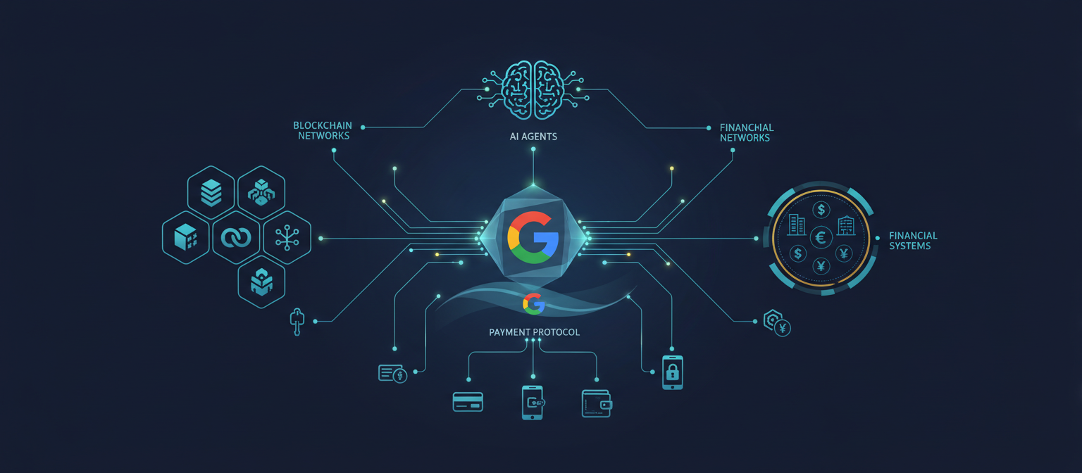 Diagram showing AI agents interacting with various blockchain networks and financial systems through Google’s payment protocol