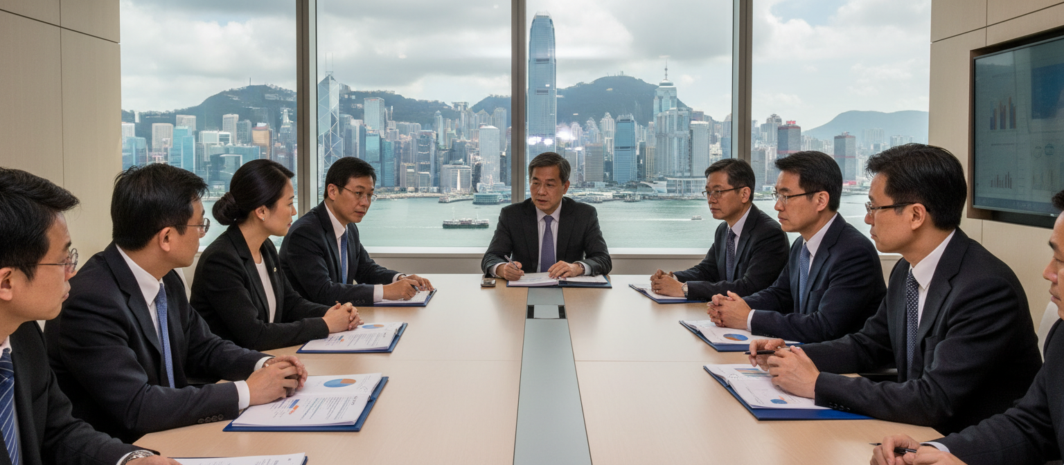 Government officials and financial regulators in meeting room discussing digital asset policy papers, with Hong Kong financial district visible through window