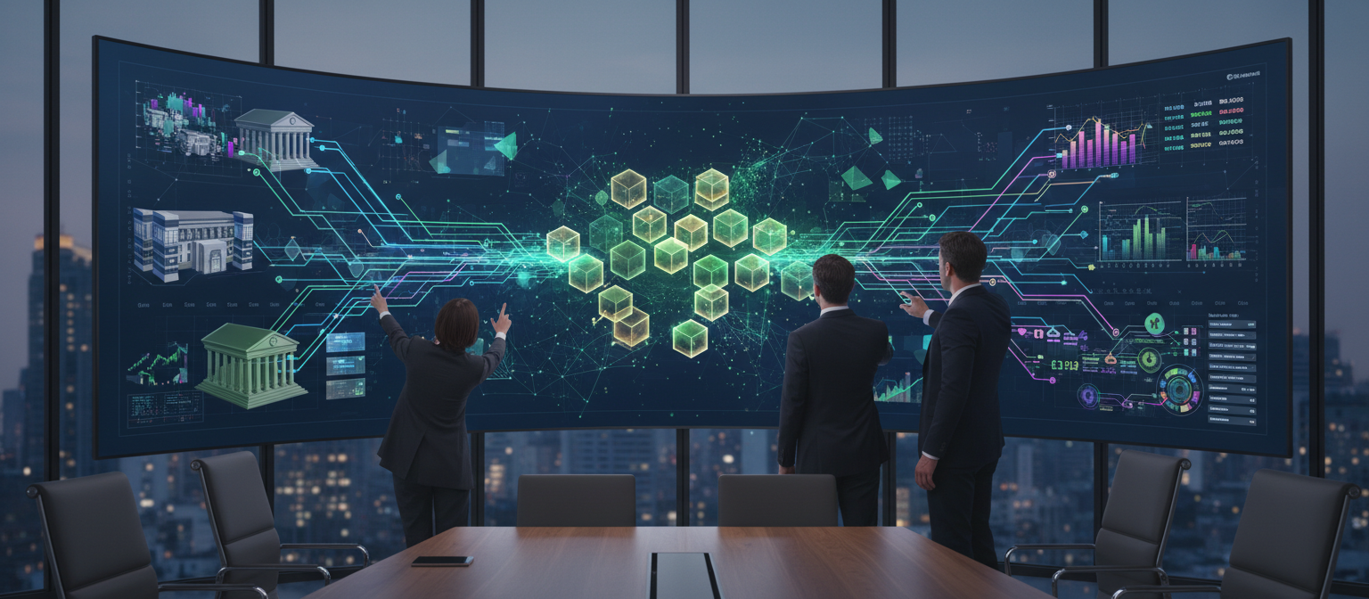 Banking professionals examining digital asset dashboards with blockchain visualizations, showing the integration of traditional banking infrastructure with cryptocurrency technology