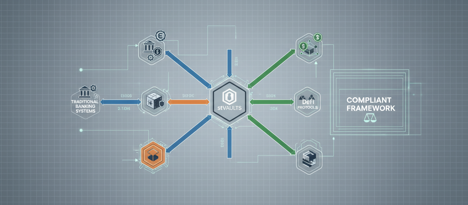 Institutional staking workflow diagram showing how stVaults connect with traditional banking systems, custody solutions, and DeFi protocols in a compliant framework