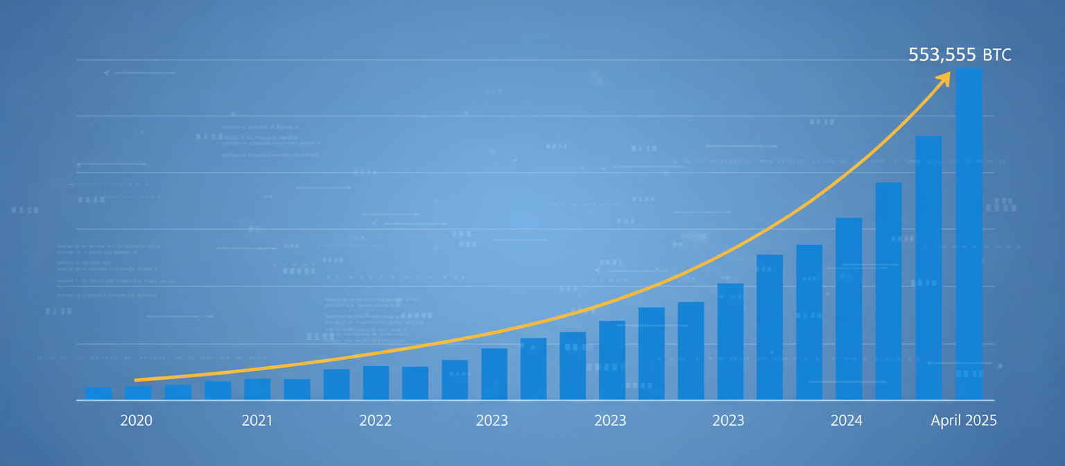 Financial chart showing MicroStrategy’s cumulative Bitcoin holdings increasing over time from 2020 to April 2025, with bars showing individual purchase amounts and line graph showing total accumulation reaching 553,555 BTC
