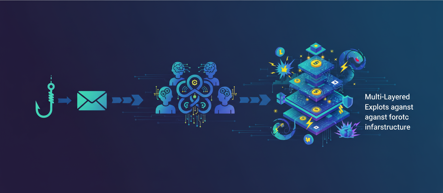 Infographic showing the evolution of North Korean cyber attacks from traditional phishing to sophisticated social engineering and multi-layered exploits against cryptocurrency infrastructure