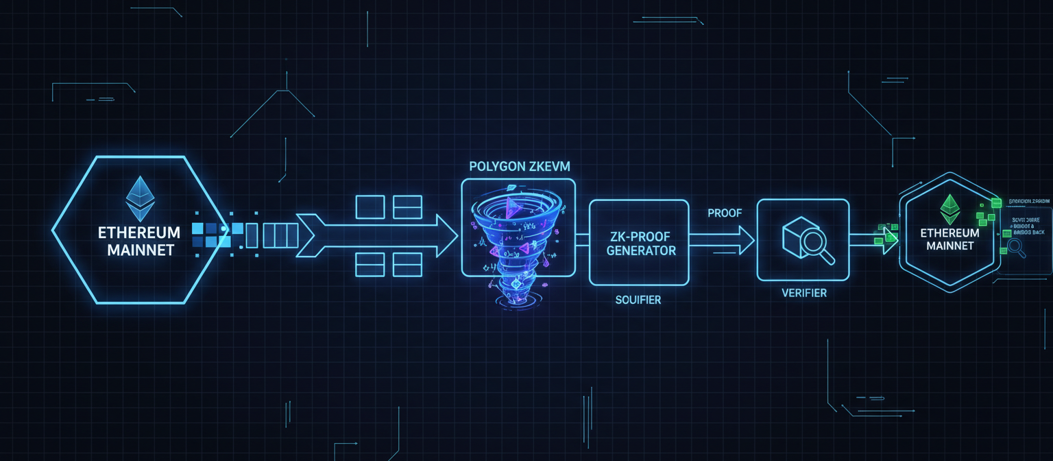 Technical diagram showing the flow of transactions from Ethereum mainnet to Polygon zkEVM, with zero-knowledge proof generation and verification processes illustrated