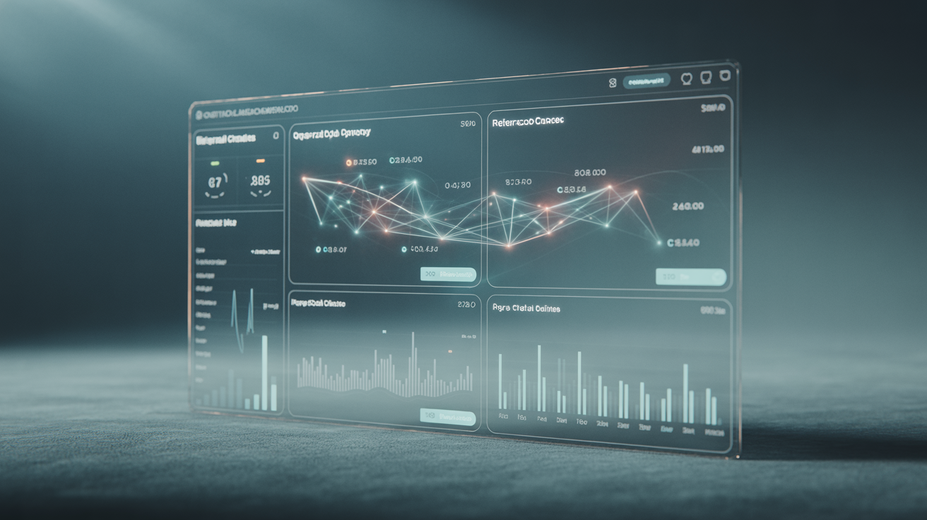 Detailed analytics dashboard showing referral network visualization with multiple layers of connected users, earnings distribution graphs, activation metrics, and payout statistics displayed across multiple panels in a professional interface