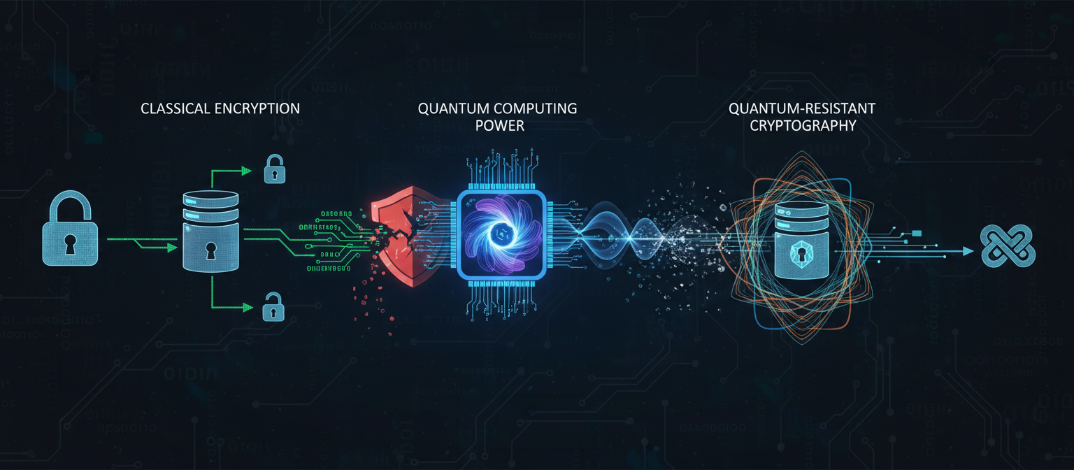 Technical diagram comparing classical computer encryption with quantum computing capabilities and showing how quantum-resistant cryptography would work