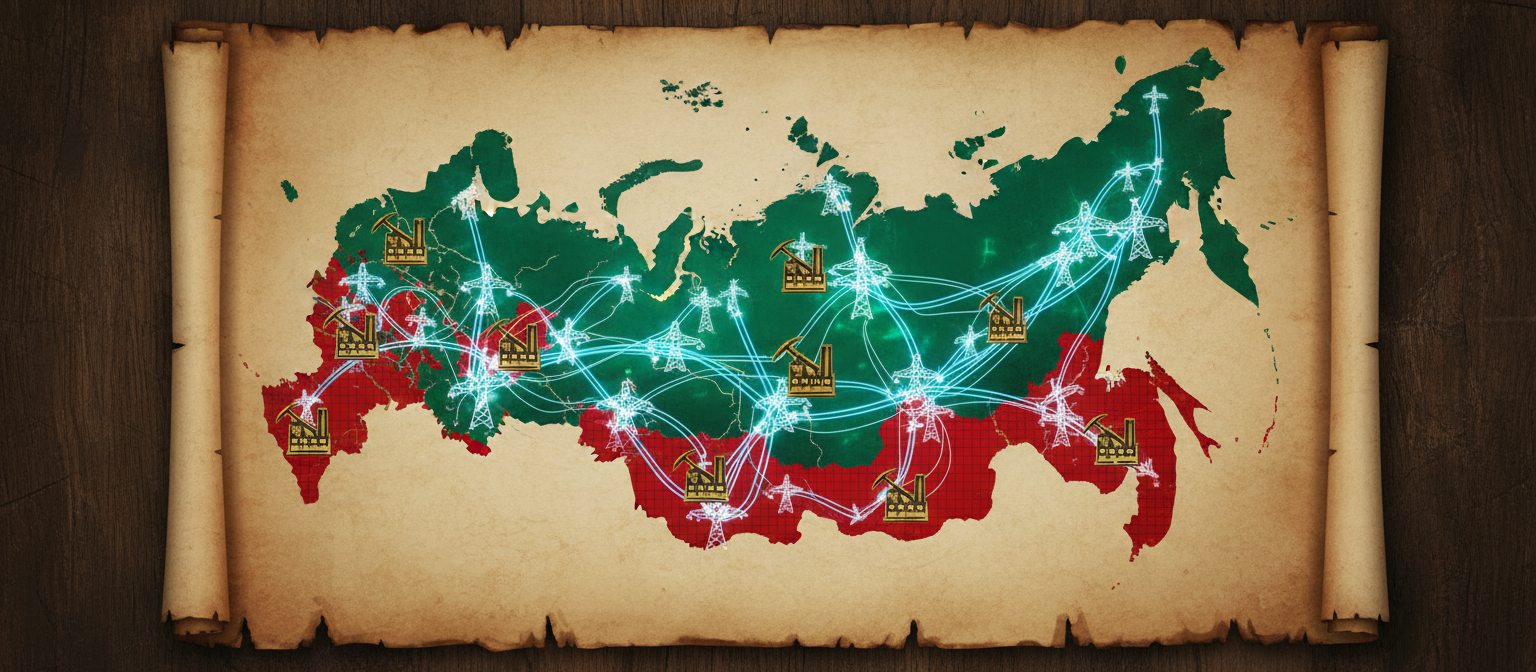 Map of Russia highlighting energy-rich Siberian regions with surplus electricity capacity, industrial mining facilities marked across the territory, power transmission infrastructure, restricted zones in red indicating regions where mining will be prohibited due to energy constraints