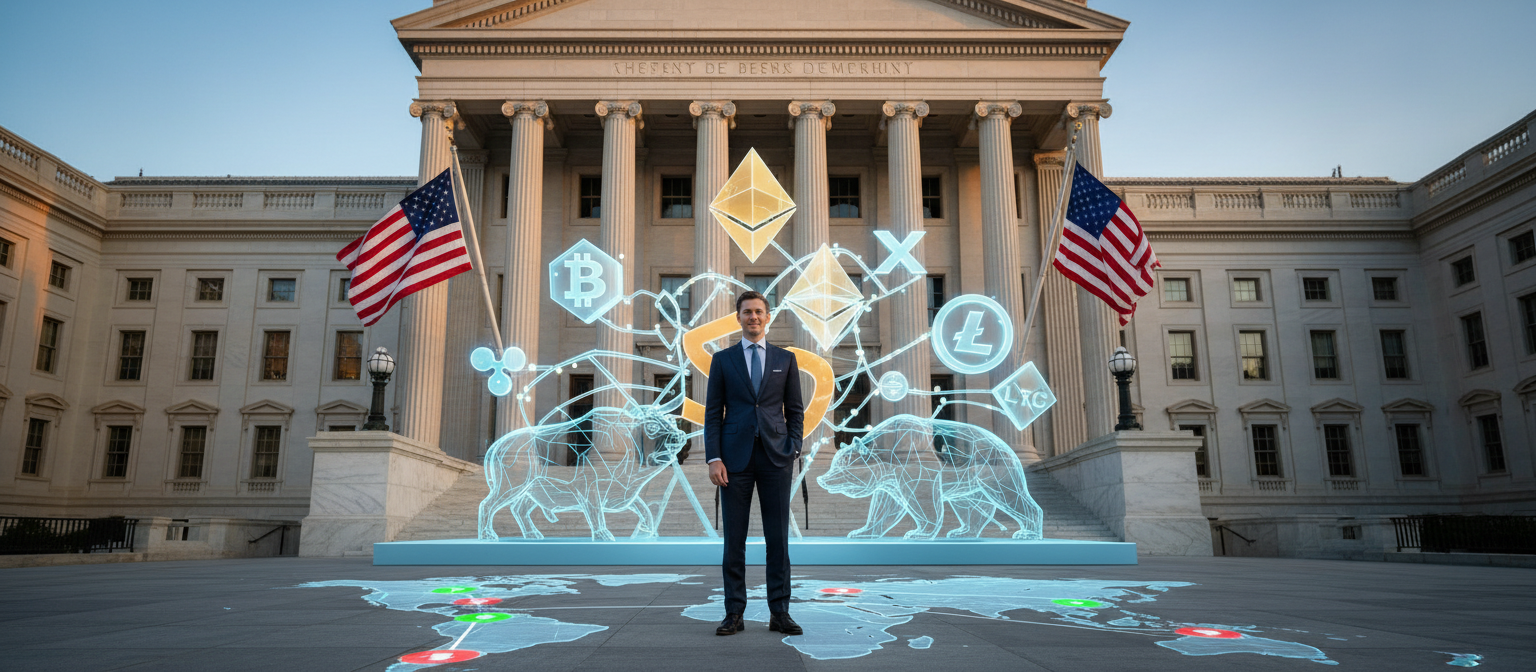 Financial regulatory agency building with digital currency symbols and traditional banking imagery, representing the intersection of old and new finance under Bessent’s leadership
