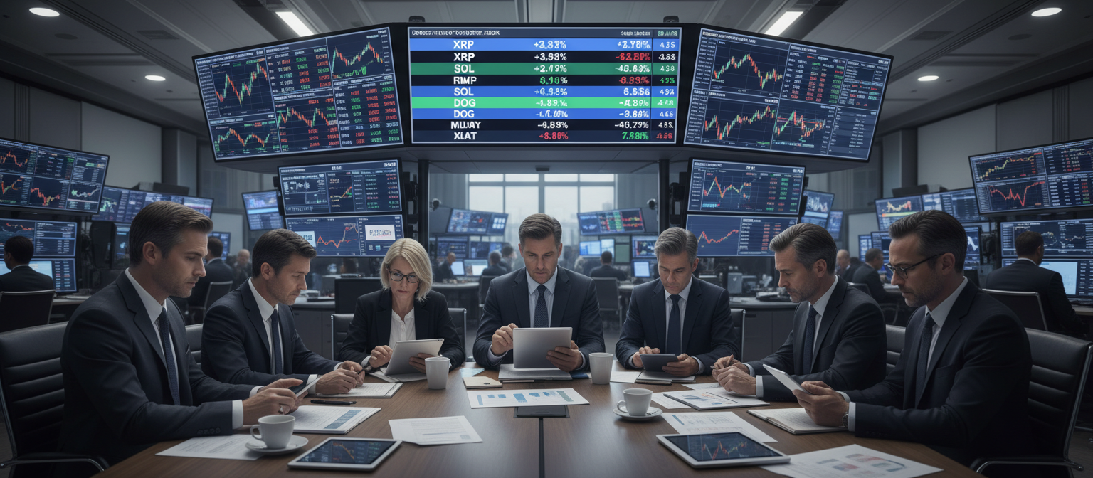Financial trading floor screens displaying multiple cryptocurrency tickers including XRP, Solana, Dogecoin, and Litecoin with institutional investors reviewing ETF proposals