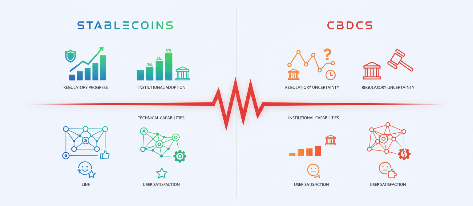Comparison chart showing stablecoin regulatory progress versus CBDC regulatory uncertainty, institutional adoption rates, technical capabilities, and user satisfaction metrics