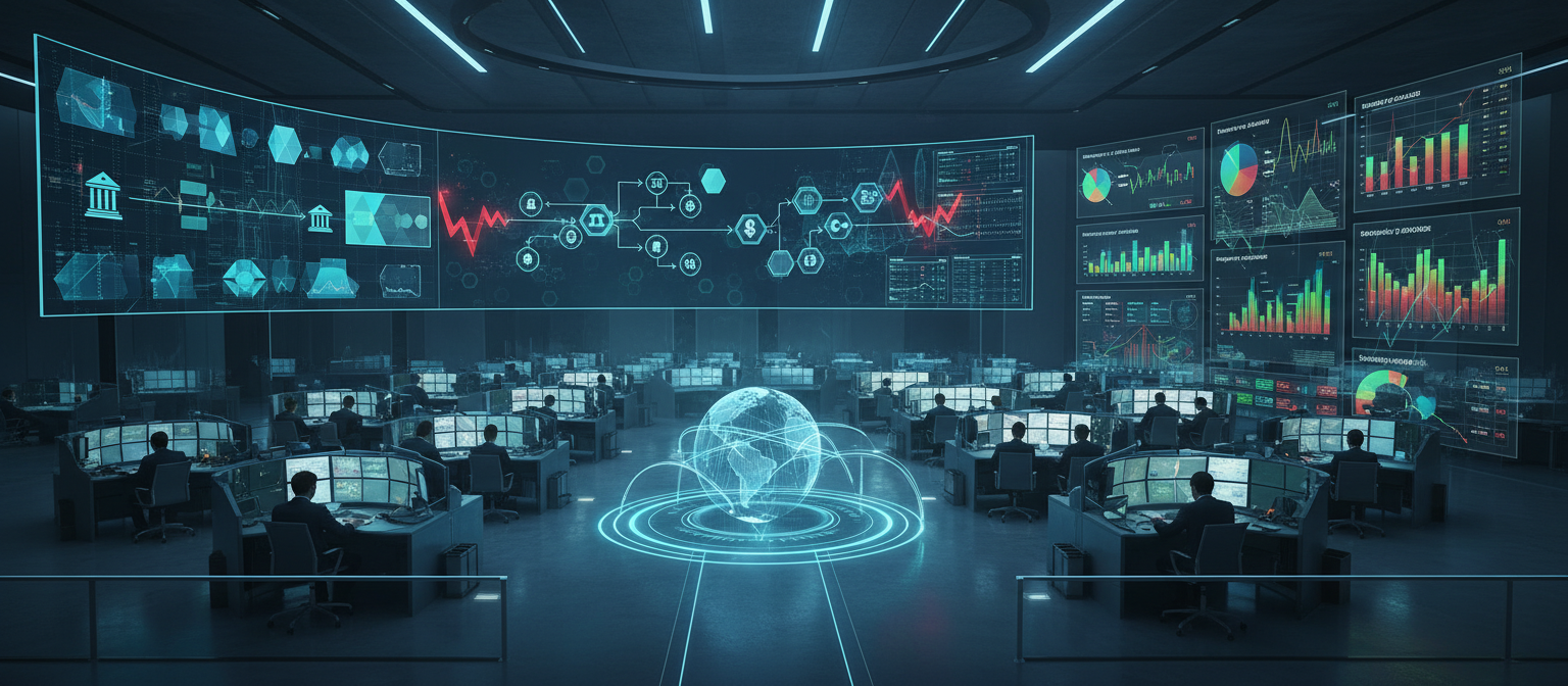 Modern financial institution trading floor with digital asset displays, regulatory compliance charts, and stablecoin transaction flow diagrams showing integration challenges between traditional finance and digital currencies