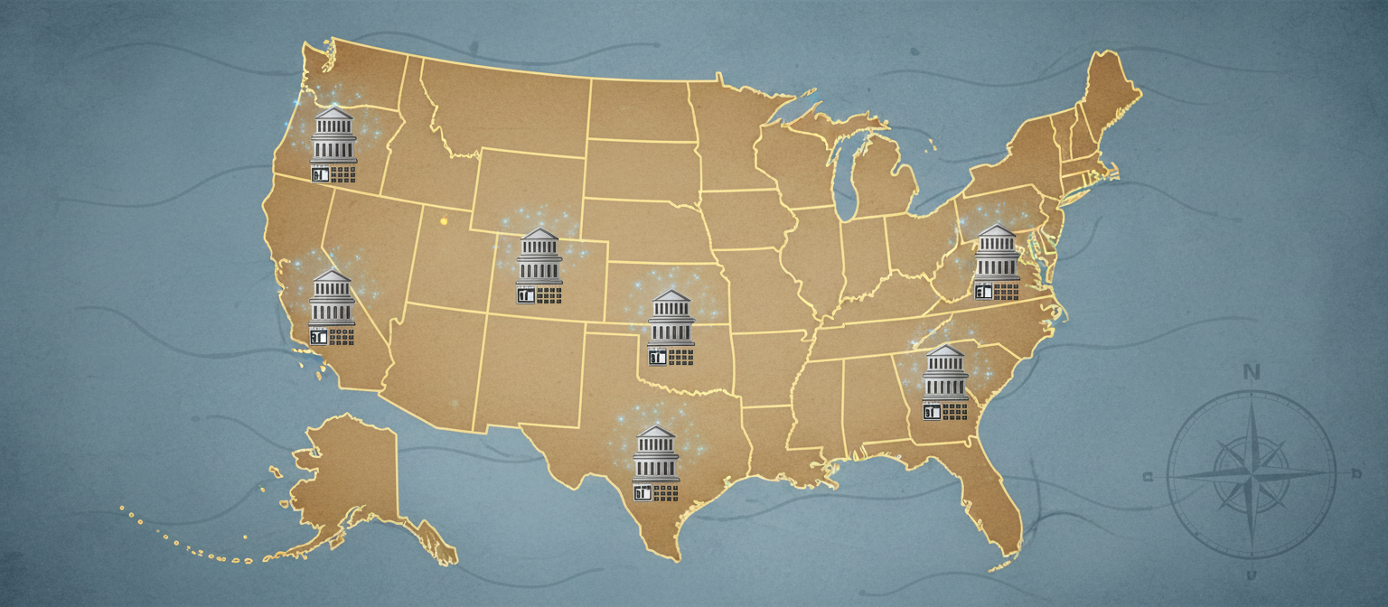 Map of United States with 14 states highlighted showing Bitcoin reserve legislation activity, capitol building icons marking states with active bills, legislative session calendars showing January introduction dates
