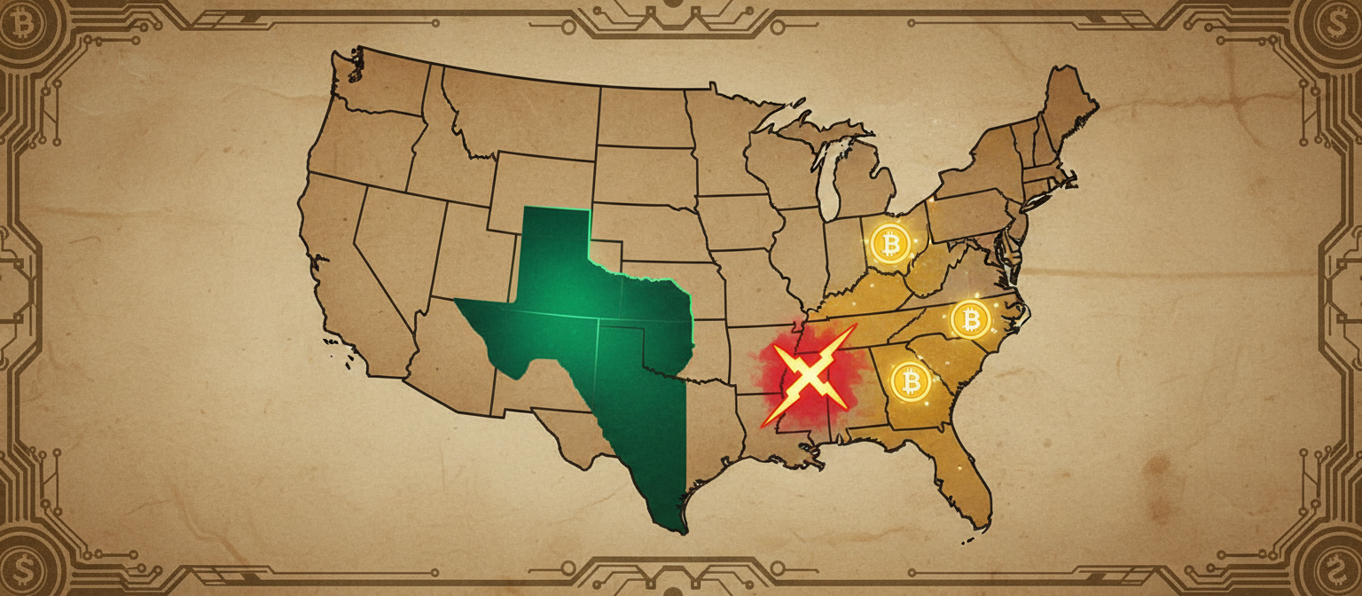 Map of United States highlighting states with Bitcoin reserve legislation (Texas in green for passed, Arizona in red for vetoed, other states in yellow for pending), showing geographic distribution of cryptocurrency adoption at state level
