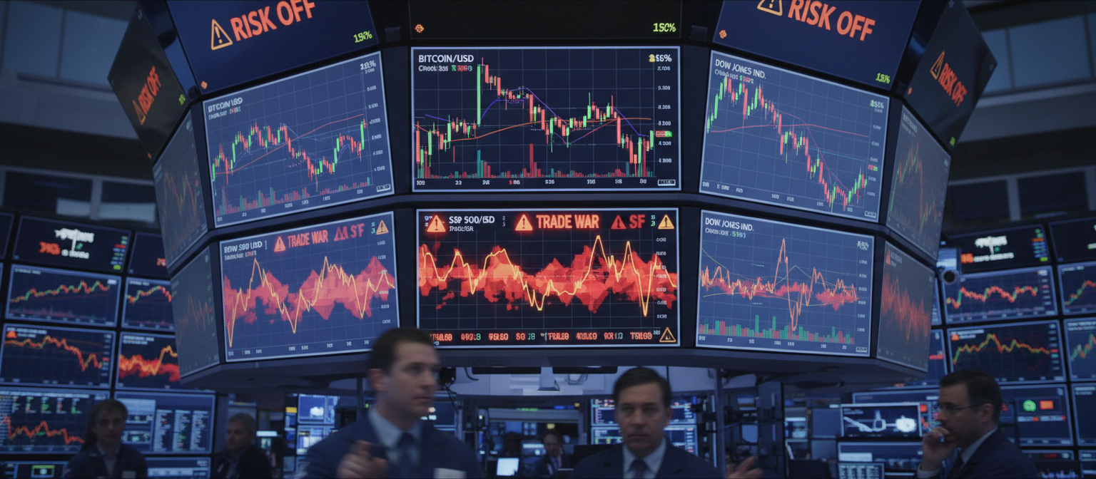 Trading floor screens showing simultaneous declines in Bitcoin and major stock indices, with news tickers displaying tariff headlines and “RISK OFF” indicators flashing across multiple asset classes