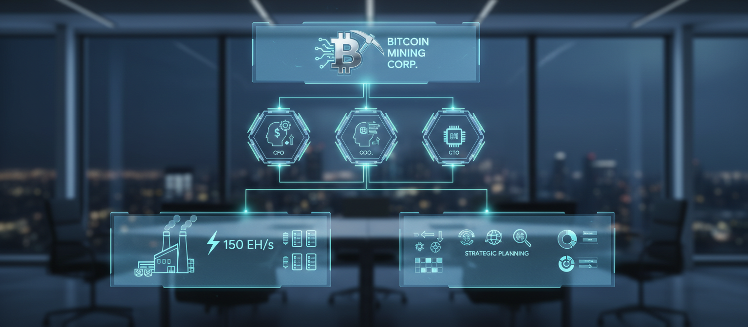 Corporate organizational chart showing Hut 8 80% ownership structure of American Bitcoin, with executive headshots of Eric Trump as Chief Strategy Officer, Matt Prusak as CEO, and board composition, connected to mining facility graphics and hash rate target visualizations