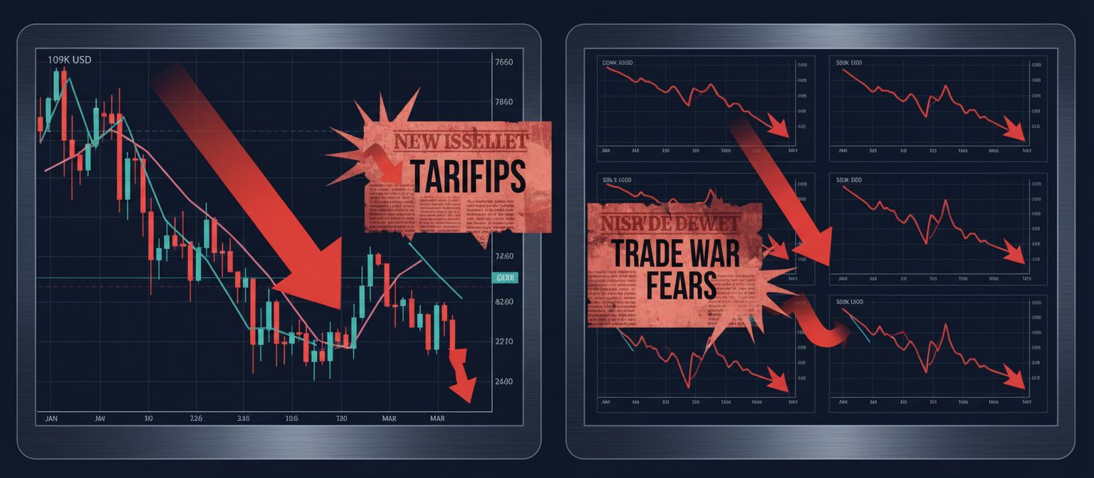 Split-screen financial terminal view showing Bitcoin price decline from January $109K high to March $82K alongside falling stock market indices, with prominent tariff policy headlines overlaid, red candlesticks on crypto charts matching red arrows on equity indices