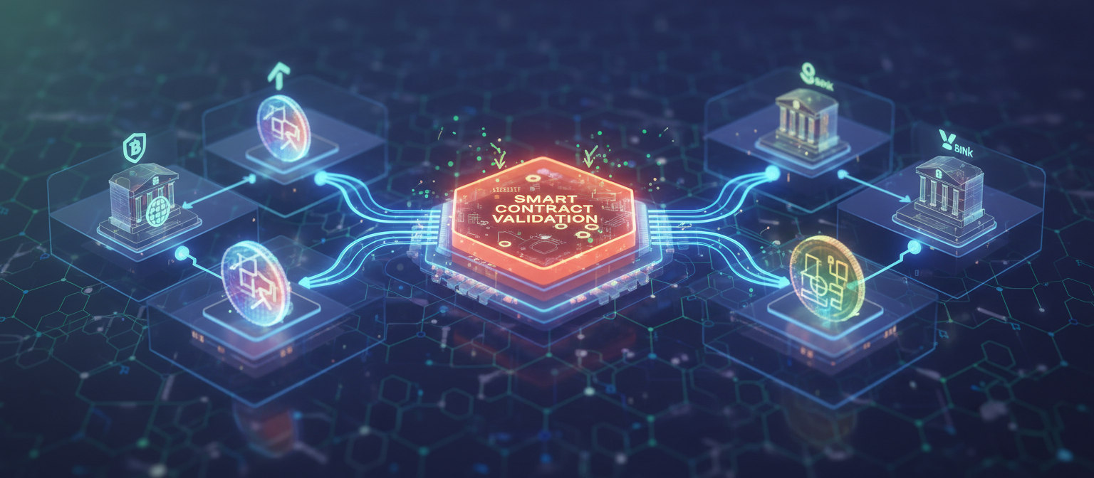 Technical flowchart showing how deposit tokens move between banks on Ethereum blockchain with smart contract validation