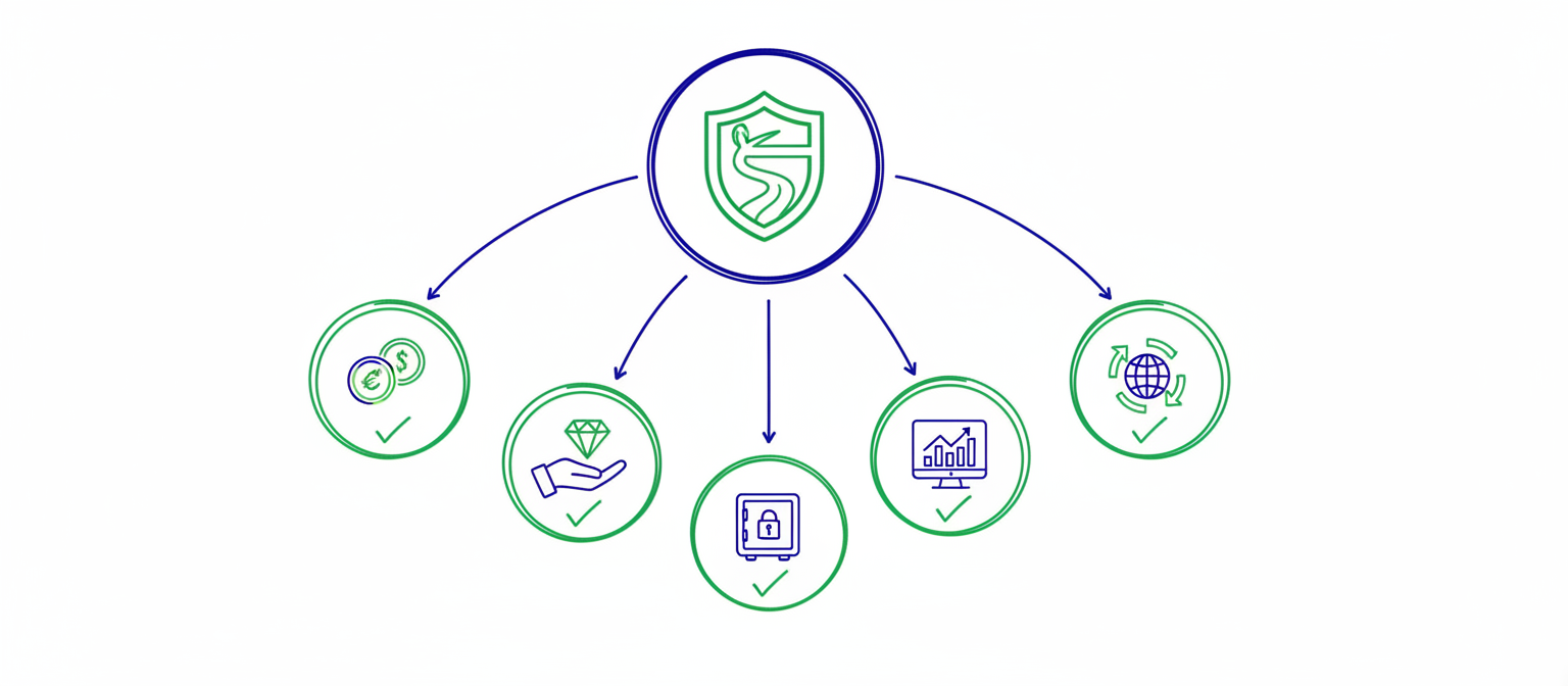 Regulatory organizational chart showing FCA at center with five connected circles representing new regulated activities: stablecoin issuance, crypto dealing, custody services, trading platforms, and transaction arrangement, each with compliance checkmarks