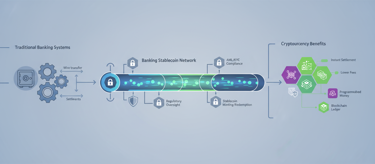 Technical diagram showing the flow of transactions through the proposed banking stablecoin network, with traditional banking systems on one side and cryptocurrency benefits on the other