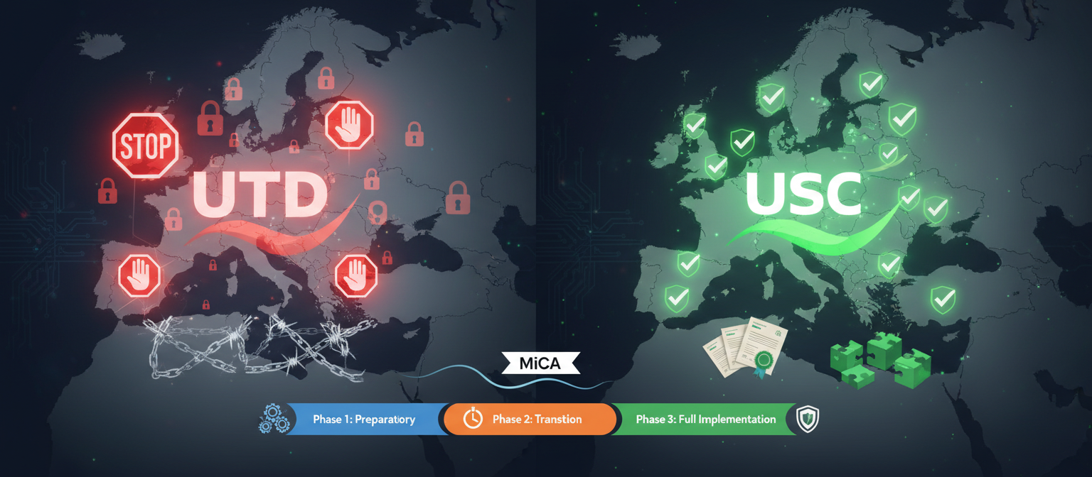 Split screen showing USDT red restriction symbols on European map versus USDC green checkmarks across EU member states, compliance certificates displayed, regulatory timeline showing MiCA implementation phases
